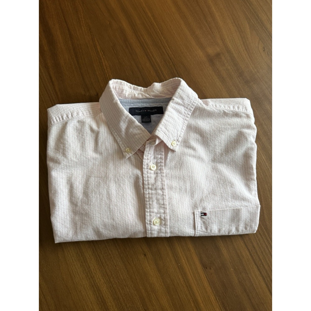 Tommy Hilfiger Men's L Pink White Striped Short Sleeve Button Down Oxford Shirt